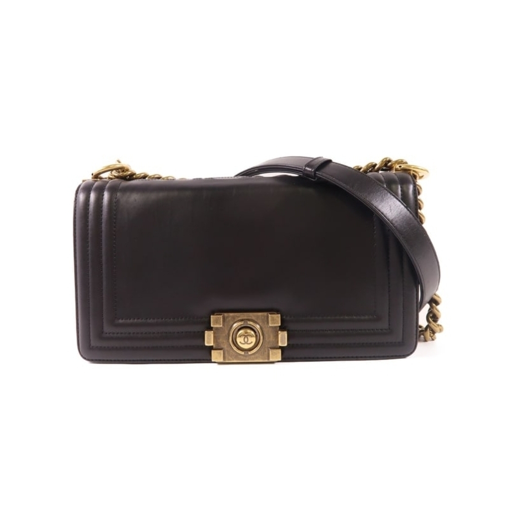 CHANEL Boy 25 Chain Shoulder Bag Black Calfskin Leather GHW
